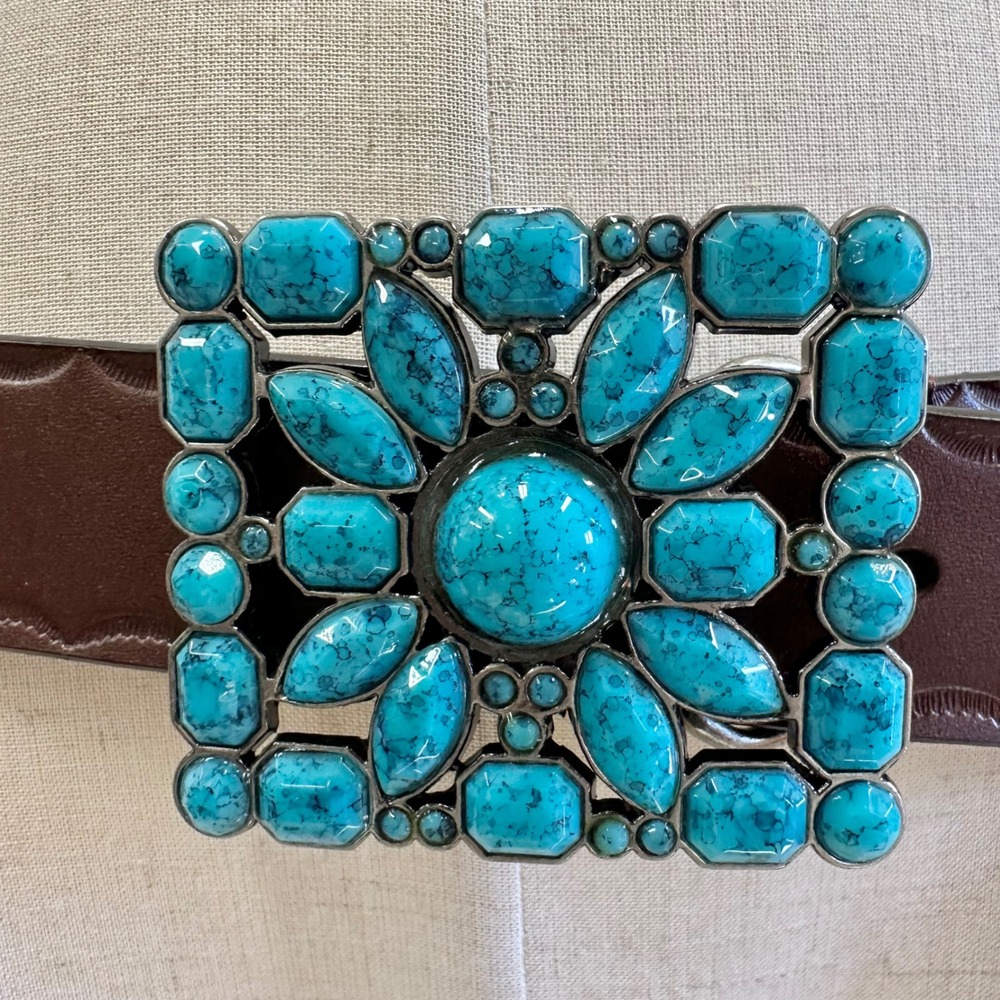 Western‎ Boho Turquoise Flower Buckle Brown Genuine Leather Belt XL - Picture 3 of 13